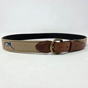 BATES WEB LEATHER BELT BROWN KHAKI HEAVY DUTY BRASS MARLIN FISHING MENS SIZE 36